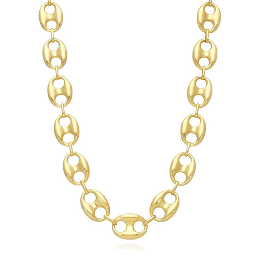 14K Yellow Gold 14mm Puffed Anchor Mariner Chain Necklace 18"-22"