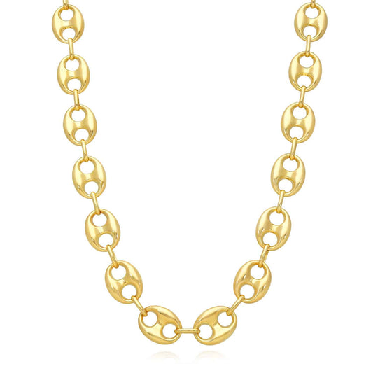 14K Yellow Gold 12mm Puffed Anchor Mariner Chain Necklace 18"-22"