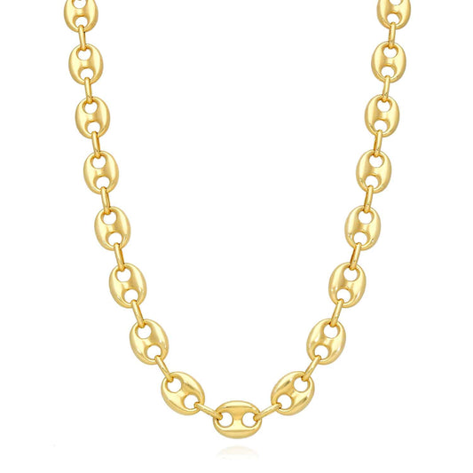14K Yellow Gold 10mm Puffed Anchor Mariner Chain Necklace 18"-22"