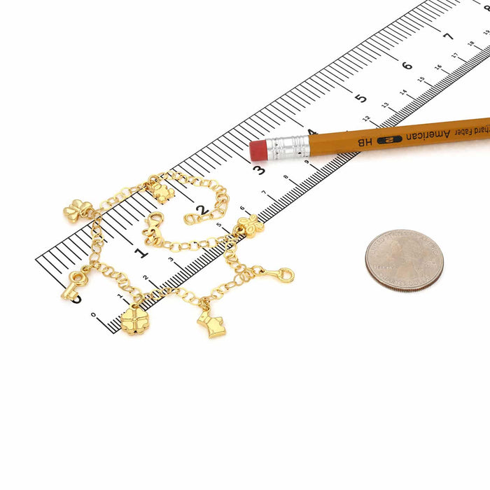 18K Yellow Gold Over Silver 3.5mm Lucky Charms Bracelet Anklet (Solid Links) 9" - 10" Adjustable - WJD Exclusives
