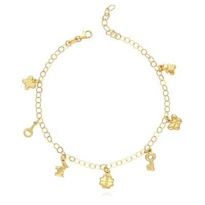 18K Yellow Gold Over Silver 3.5mm Lucky Charms Bracelet Anklet (Solid Links) 9" - 10" Adjustable - WJD Exclusives