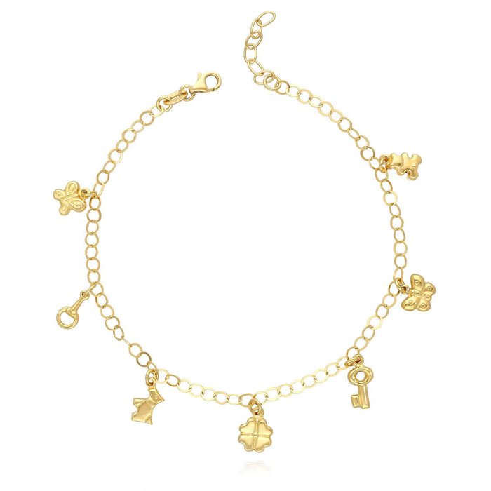 18K Yellow Gold Over Silver 3.5mm Lucky Charms Bracelet Anklet (Solid Links) 9" - 10" Adjustable - WJD Exclusives