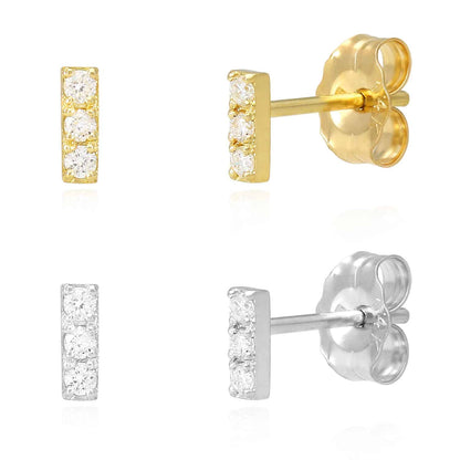 0.08CTW Real Diamond 14K Gold Mini 3-Stone Bar Stud Earrings 5mm