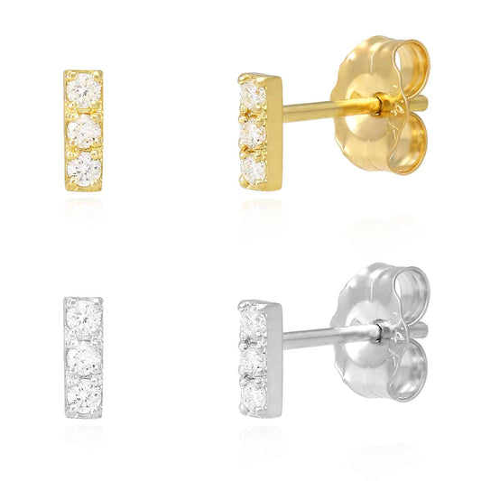 0.08CTW Real Diamond 14K Gold Mini 3-Stone Bar Stud Earrings 5mm