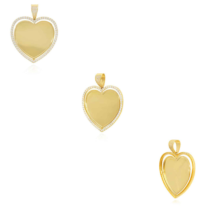 14K Yellow Gold CZ Frame Two - Sided Rotating Heart Picture Pendant - WJD Exclusives