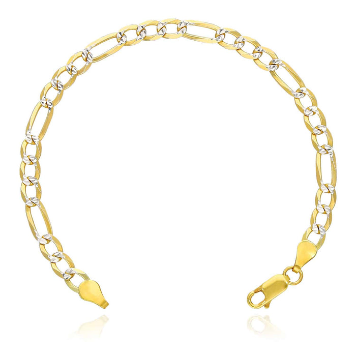 14K Yellow Gold Over Silver 5mm Diamond - Cut Pave Figaro Bracelet (Solid Links) 7" 8" 9" - WJD Exclusives