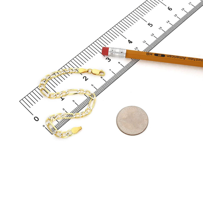 14K Yellow Gold Over Silver 5mm Diamond - Cut Pave Figaro Bracelet (Solid Links) 7" 8" 9" - WJD Exclusives