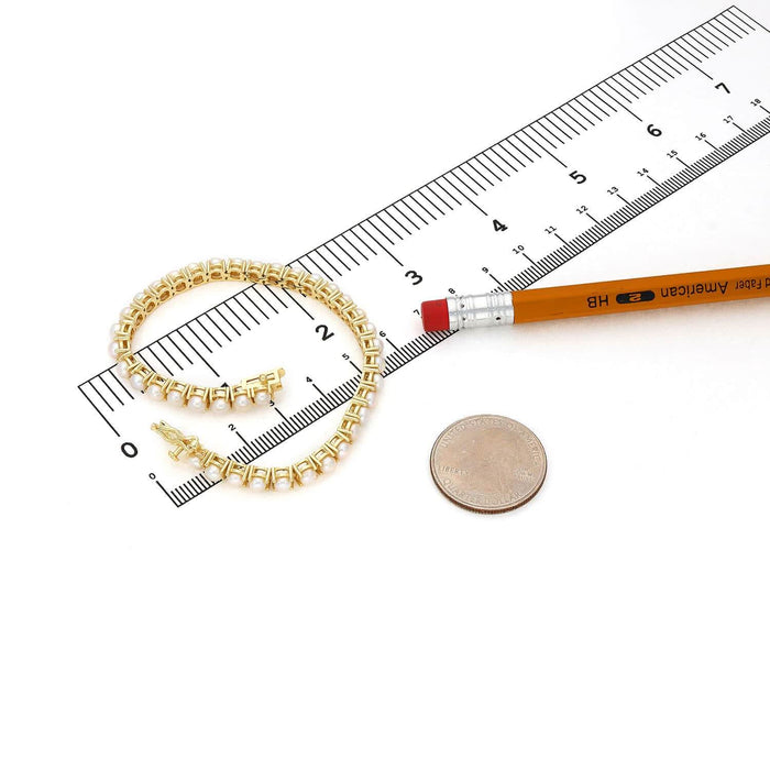 18K Gold Over Silver 4mm Cultured Pearl Tennis Bracelet 7" - WJD Exclusives