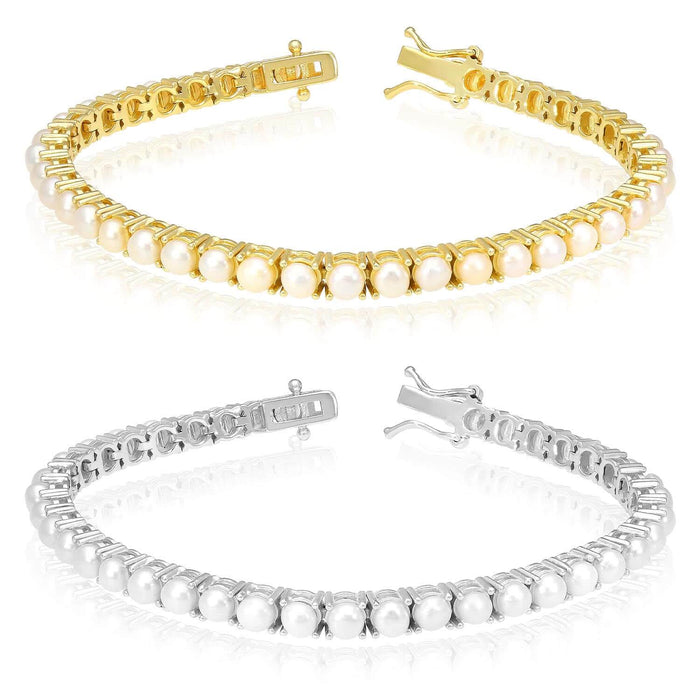 18K Gold Over Silver 4mm Cultured Pearl Tennis Bracelet 7" - WJD Exclusives