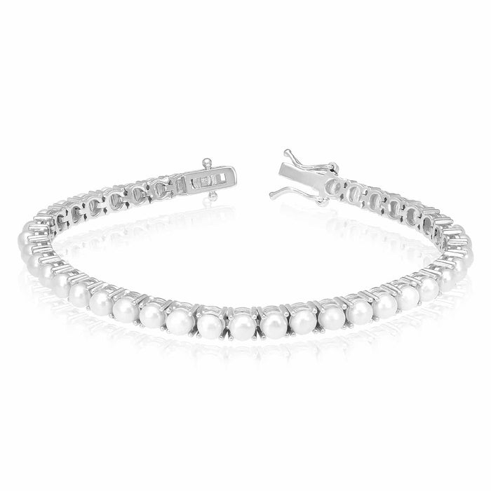 18K Gold Over Silver 4mm Cultured Pearl Tennis Bracelet 7" - WJD Exclusives