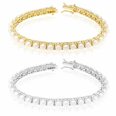 18K Gold Over Silver 5mm Cultured Pearl Tennis Bracelet 7" - WJD Exclusives