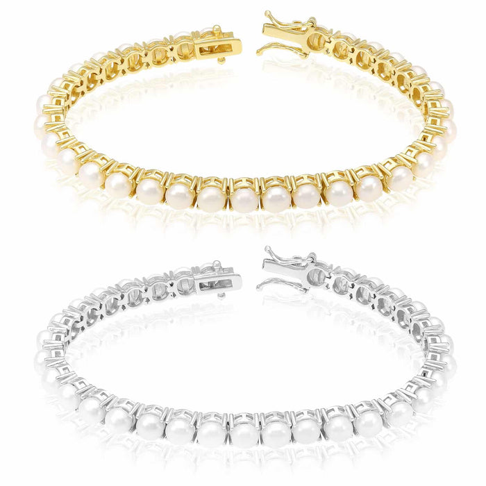 18K Gold Over Silver 5mm Cultured Pearl Tennis Bracelet 7" - WJD Exclusives