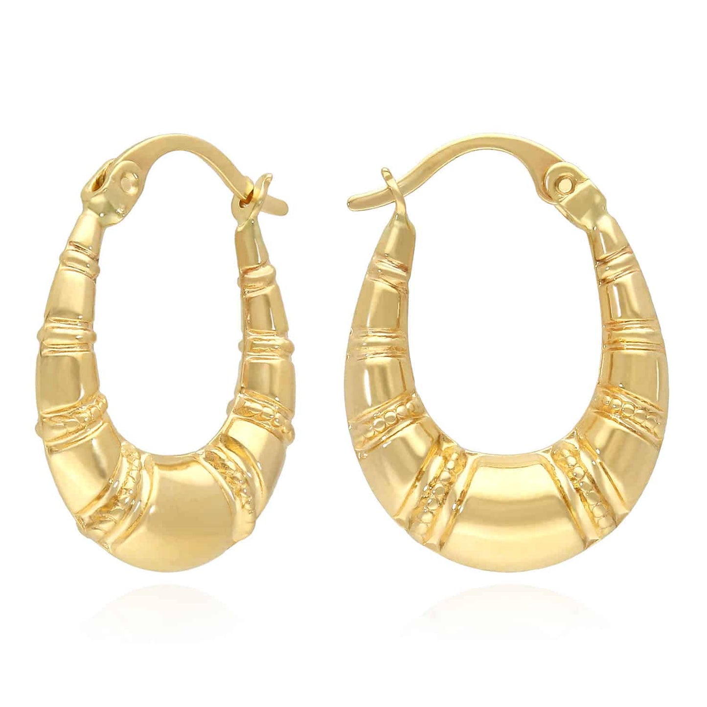 14K Real Gold Graduated Oval Bamboo Hoop Earrings 22mm