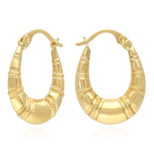 14K Real Gold Graduated Oval Bamboo Hoop Earrings 22mm