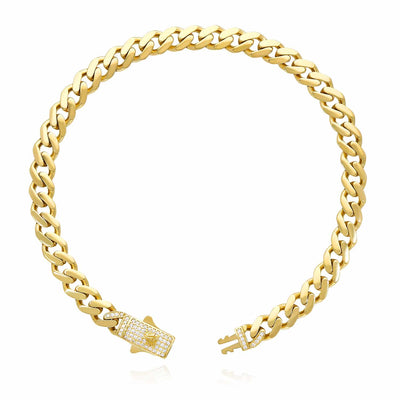 14K Gold CZ Pave Box Clasp 7mm Miami Bracelet Anklet (Hollow) 10" - WJD Exclusives