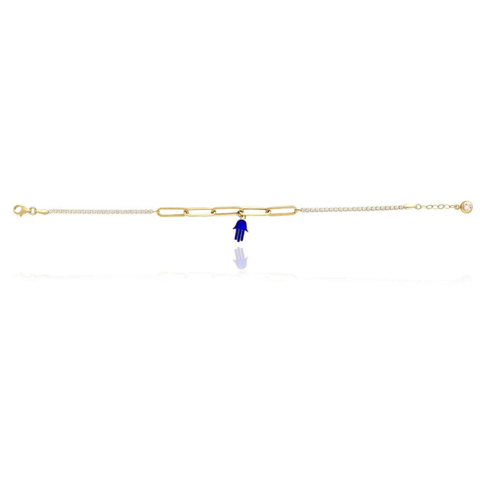 14K Yellow Gold CZ Paperclip Hamsa Charm Tennis Bracelet 7" - 7.5" - WJD Exclusives