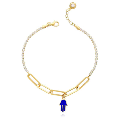 14K Yellow Gold CZ Paperclip Hamsa Charm Tennis Bracelet 7" - 7.5" - WJD Exclusives