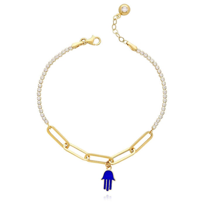 14K Yellow Gold CZ Paperclip Hamsa Charm Tennis Bracelet 7" - 7.5" - WJD Exclusives