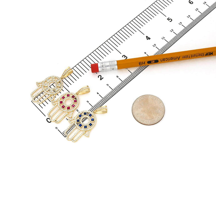 14K Yellow Gold Ruby Sapphire Zirconia Hamsa Pendant 1.5" - WJD Exclusives