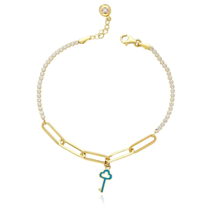 14K Yellow Gold Paperclip Tennis Teal Key Charm Bracelet 7" - 7.5" - WJD Exclusives