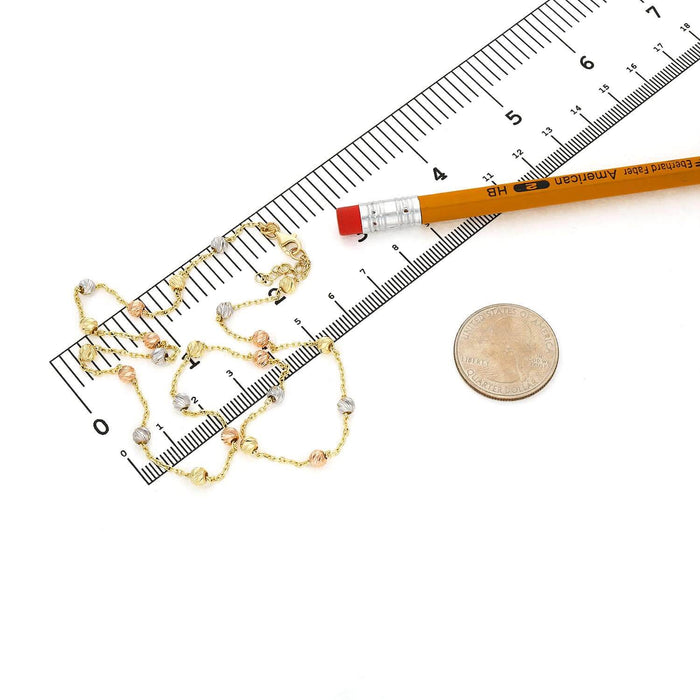 14K Gold Tri - Color Moon - Cut Ball Beads Station Necklace (Hollow) 17.5" - 18.5" Adjustable - WJD Exclusives