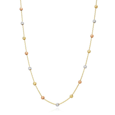 14K Gold Tri - Color Moon - Cut Ball Beads Station Necklace (Hollow) 17.5" - 18.5" Adjustable - WJD Exclusives