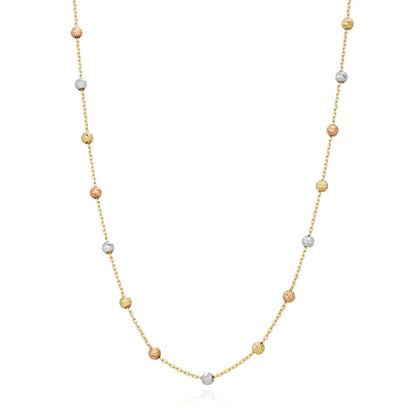 14K Gold Tri-Color Moon-Cut Ball Beads Station Necklace 17.5"-18.5" Adjustable