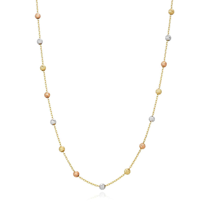 14K Gold Tri - Color Moon - Cut Ball Beads Station Necklace (Hollow) 17.5" - 18.5" Adjustable - WJD Exclusives