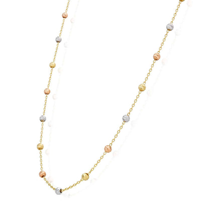 14K Gold Tri-Color Moon-Cut Ball Beads Station Necklace 17.5"-18.5" Adjustable