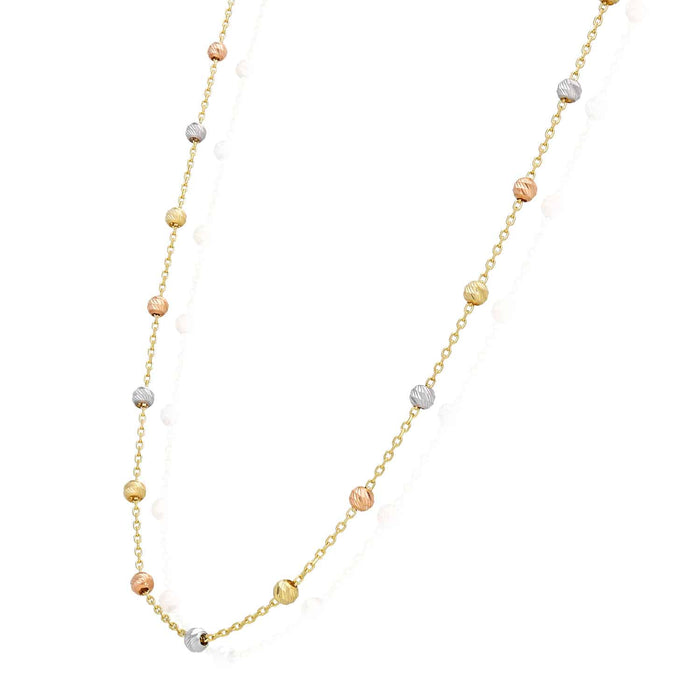 14K Gold Tri - Color Moon - Cut Ball Beads Station Necklace (Hollow) 17.5" - 18.5" Adjustable - WJD Exclusives