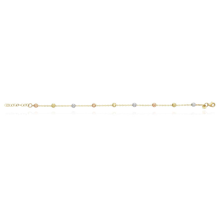 14K Gold Tri - Color Moon - Cut Ball Beads Station Bracelet (Hollow) 7" - 8" Adjustable - WJD Exclusives