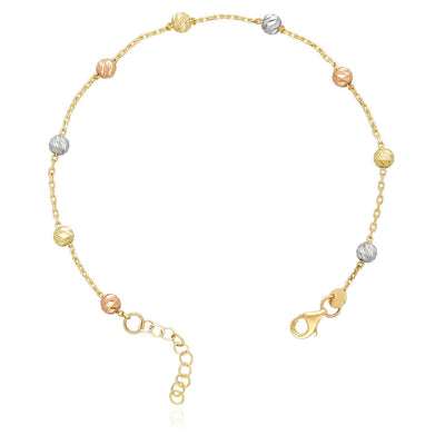 14K Gold Tri - Color Moon - Cut Ball Beads Station Bracelet (Hollow) 7" - 8" Adjustable - WJD Exclusives