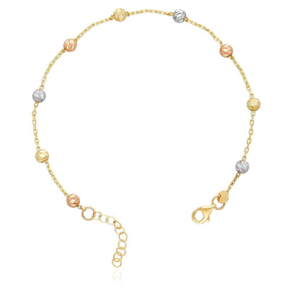14K Gold Tri-Color Moon-Cut Ball Beads Station Bracelet 7"-8" Adjustable