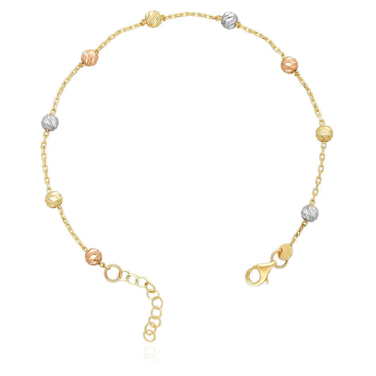 14K Gold Tri-Color Moon-Cut Ball Beads Station Bracelet 7"-8" Adjustable