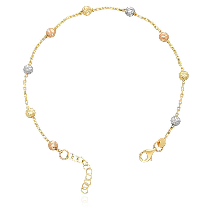 14K Gold Tri - Color Moon - Cut Ball Beads Station Bracelet (Hollow) 7" - 8" Adjustable - WJD Exclusives