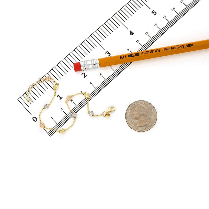 14K Gold Tri - Color Moon - Cut Ball Beads Station Bracelet (Hollow) 7" - 8" Adjustable - WJD Exclusives