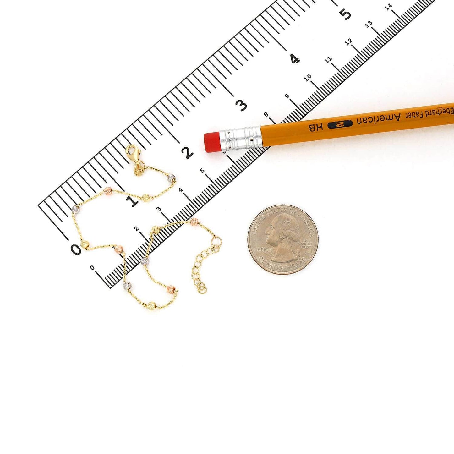 14K Gold Tri-Color Moon-Cut Ball Beads Station Bracelet 7.5"-8.5" Adjustable