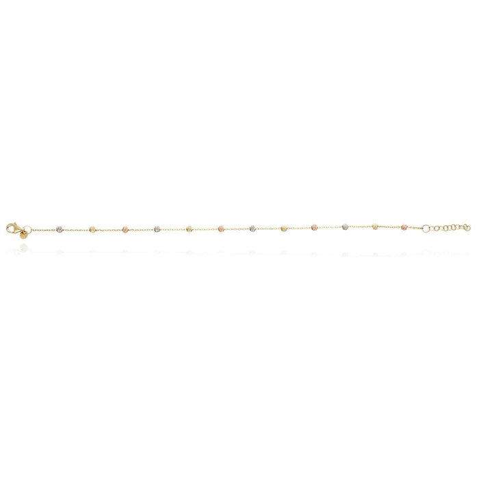 14K Gold Tri - Color Moon - Cut Ball Beads Station Bracelet (Hollow) 7.5" - 8.5" Adjustable - WJD Exclusives