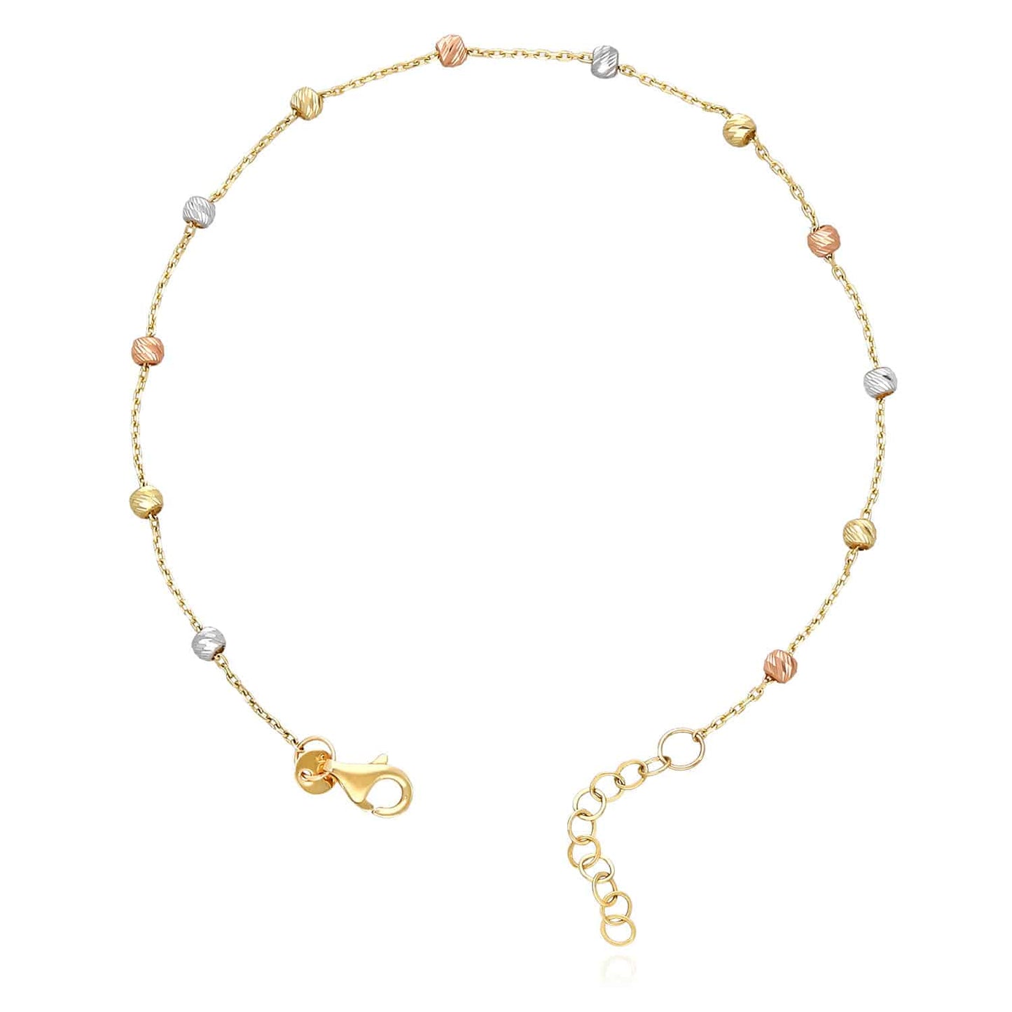 14K Gold Tri-Color Moon-Cut Ball Beads Station Bracelet 7.5"-8.5" Adjustable