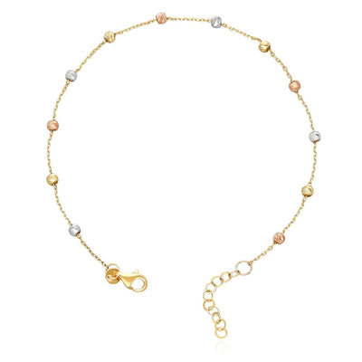 14K Gold Tri - Color Moon - Cut Ball Beads Station Bracelet (Hollow) 7.5" - 8.5" Adjustable - WJD Exclusives