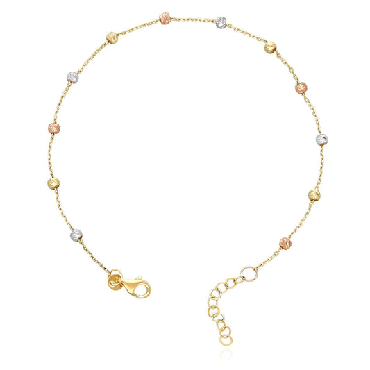 14K Gold Tri-Color Moon-Cut Ball Beads Station Bracelet 7.5"-8.5" Adjustable