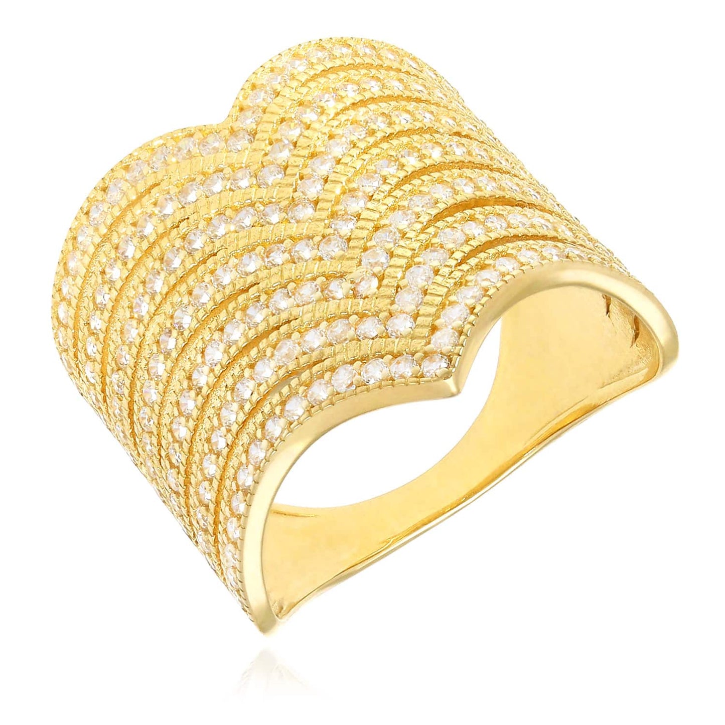 14K Gold Yellow CZ 20mm Pointed Chevron V-Shape Wide Band Ring