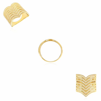 14K Gold Yellow CZ 20mm Pointed Chevron V-Shape Wide Band Ring