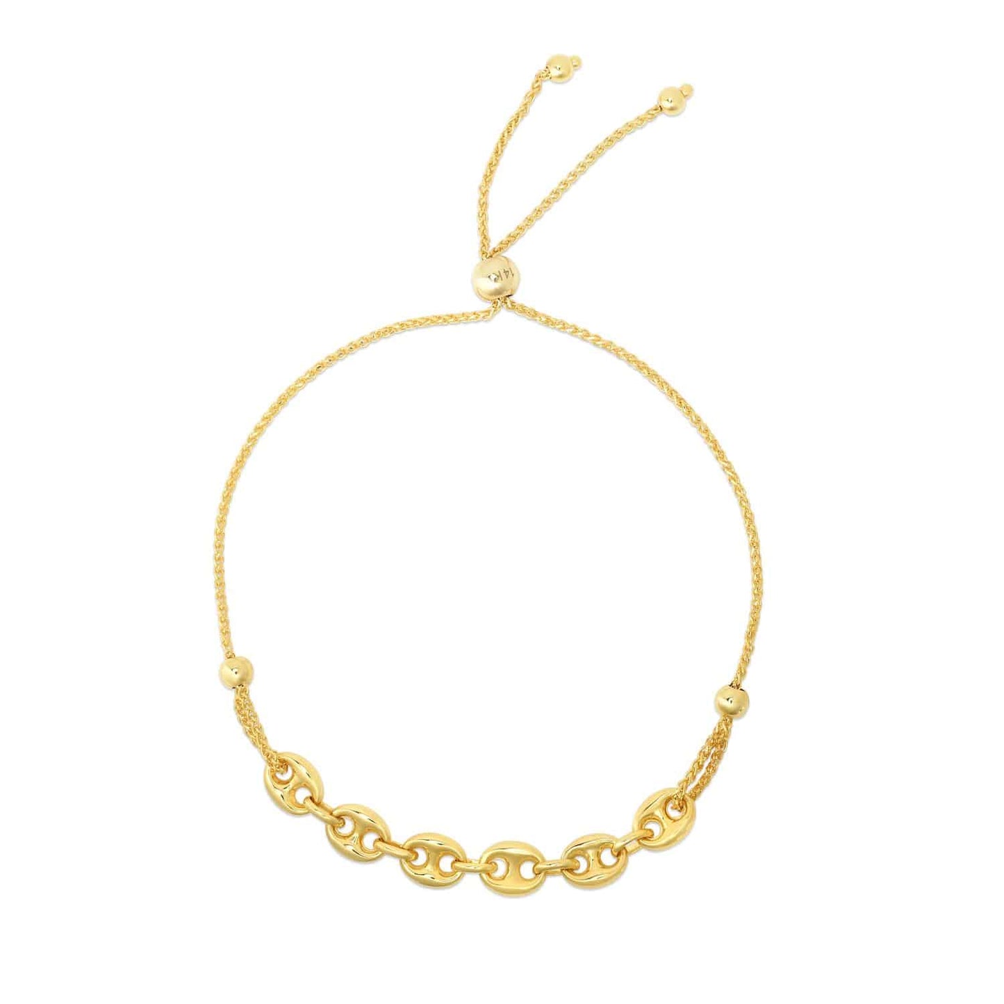 14K Gold Yellow Puffed Mariner Bolo Friendship Bracelet 5"-9.25" Adjustable