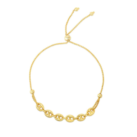 14K Gold Yellow Puffed Mariner Bolo Friendship Bracelet 5"-9.25" Adjustable