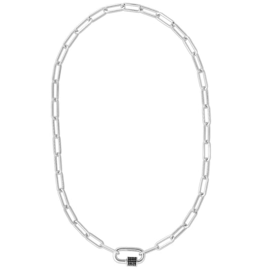Sterling Silver Black CZ Carabiner Charm Pendant 5mm Paperclip Necklace 18"