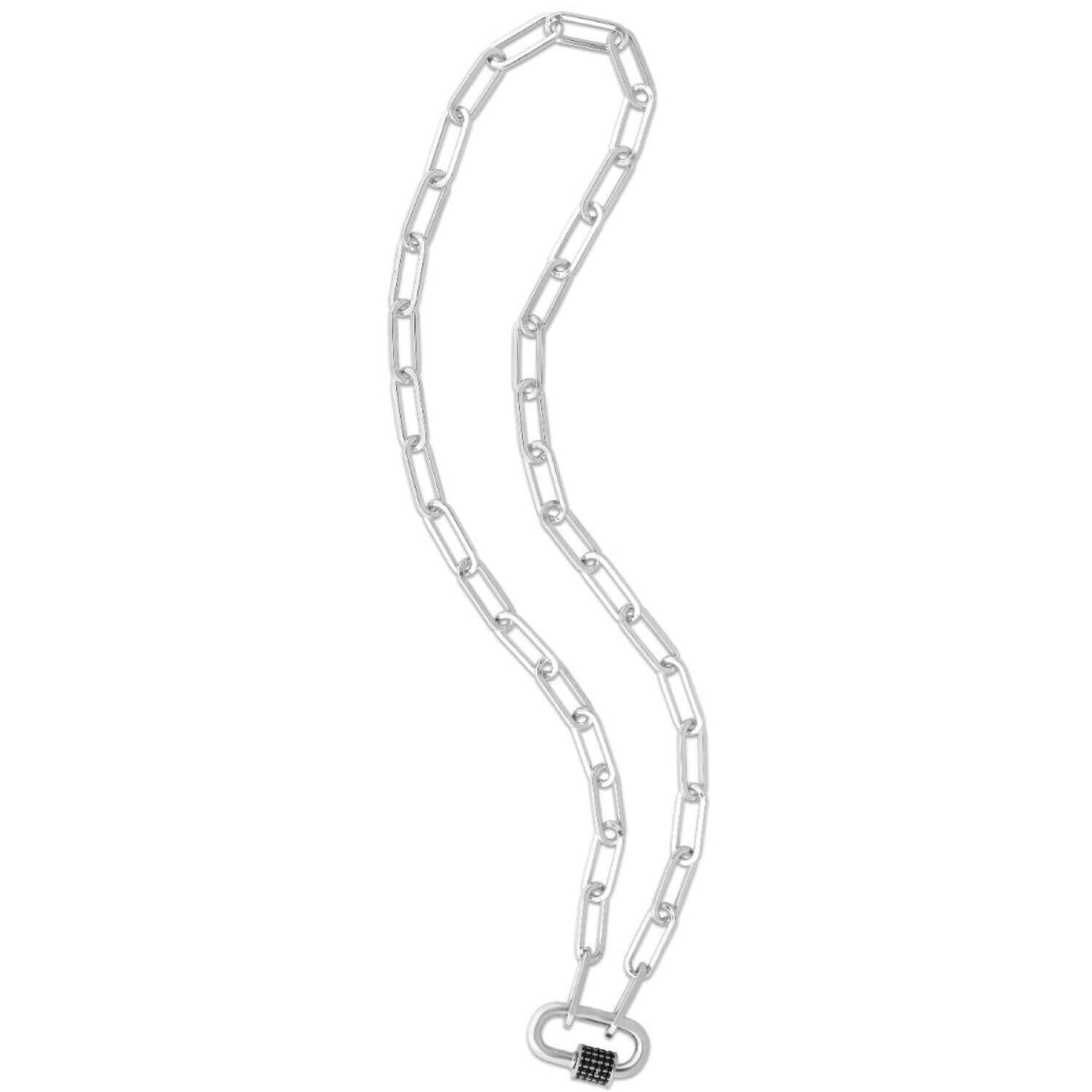 Sterling Silver Black CZ Carabiner Charm Pendant 5mm Paperclip Necklace 18"