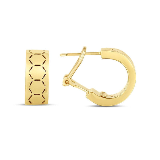 14K Yellow Gold Honeycomb Omega Backing Huggie Hoops 15.3mm