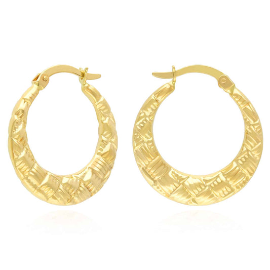 14K Yellow Gold Checkerboard Puffed Hoop Earrings 23.6mm