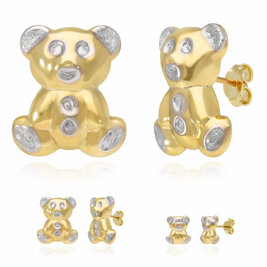 14K Yellow Gold Puffed Teddy Bear Stud Earrings 11mm-20mm